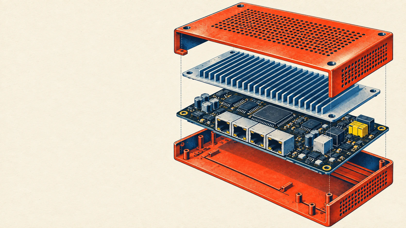 Retro technical illustration of an exploded network switch
